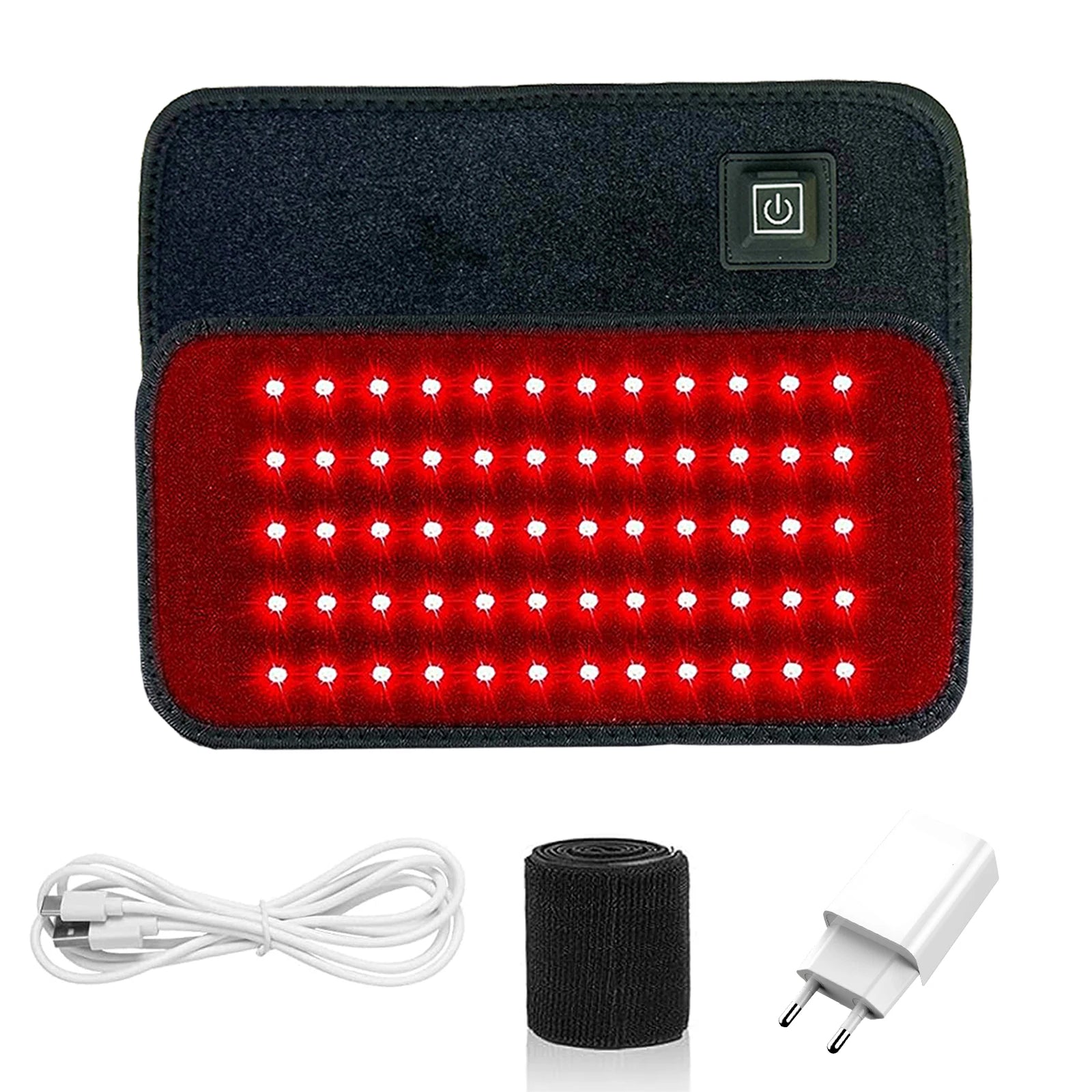 Red light therapy pad with power button, USB cable, strap, and wall adapter
