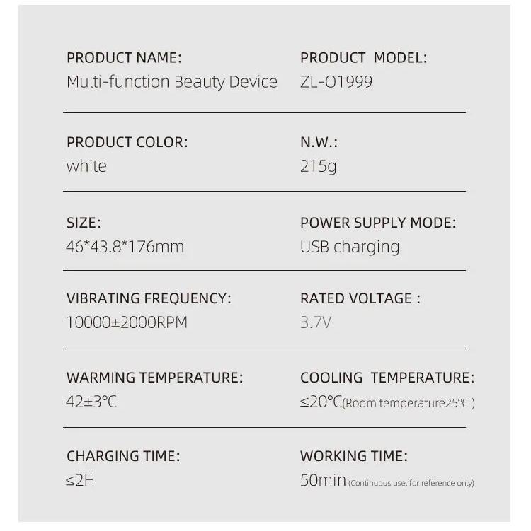 Multi-function beauty device specifications chart with size, weight, USB charging, and temperature details.