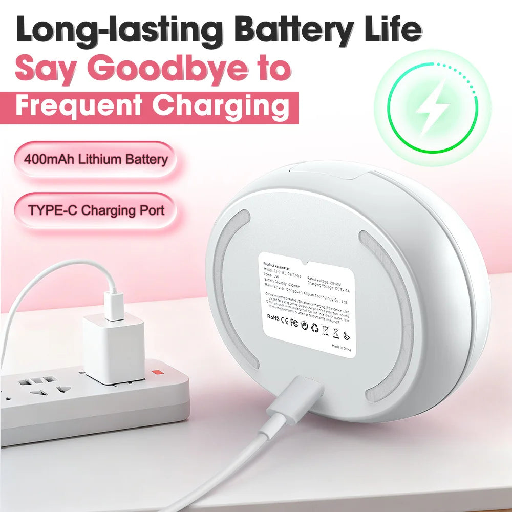 Round electronic device charging via USB Type-C port, promoting long-lasting 400mAh battery life.
