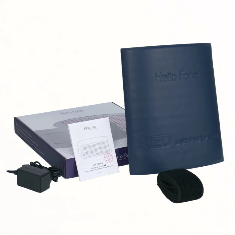 LED red light therapy pad kit with power adapter, strap, manual, and box for skincare