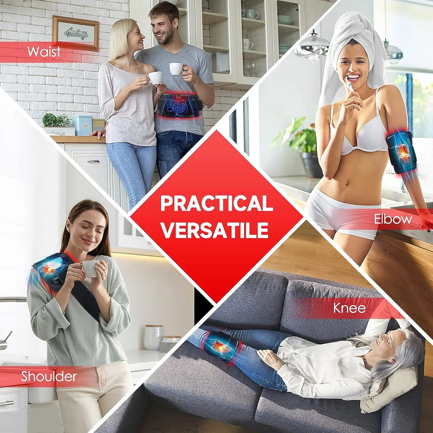 Versatile pain relief wrap used on waist, elbow, shoulder, and knee by different people at home