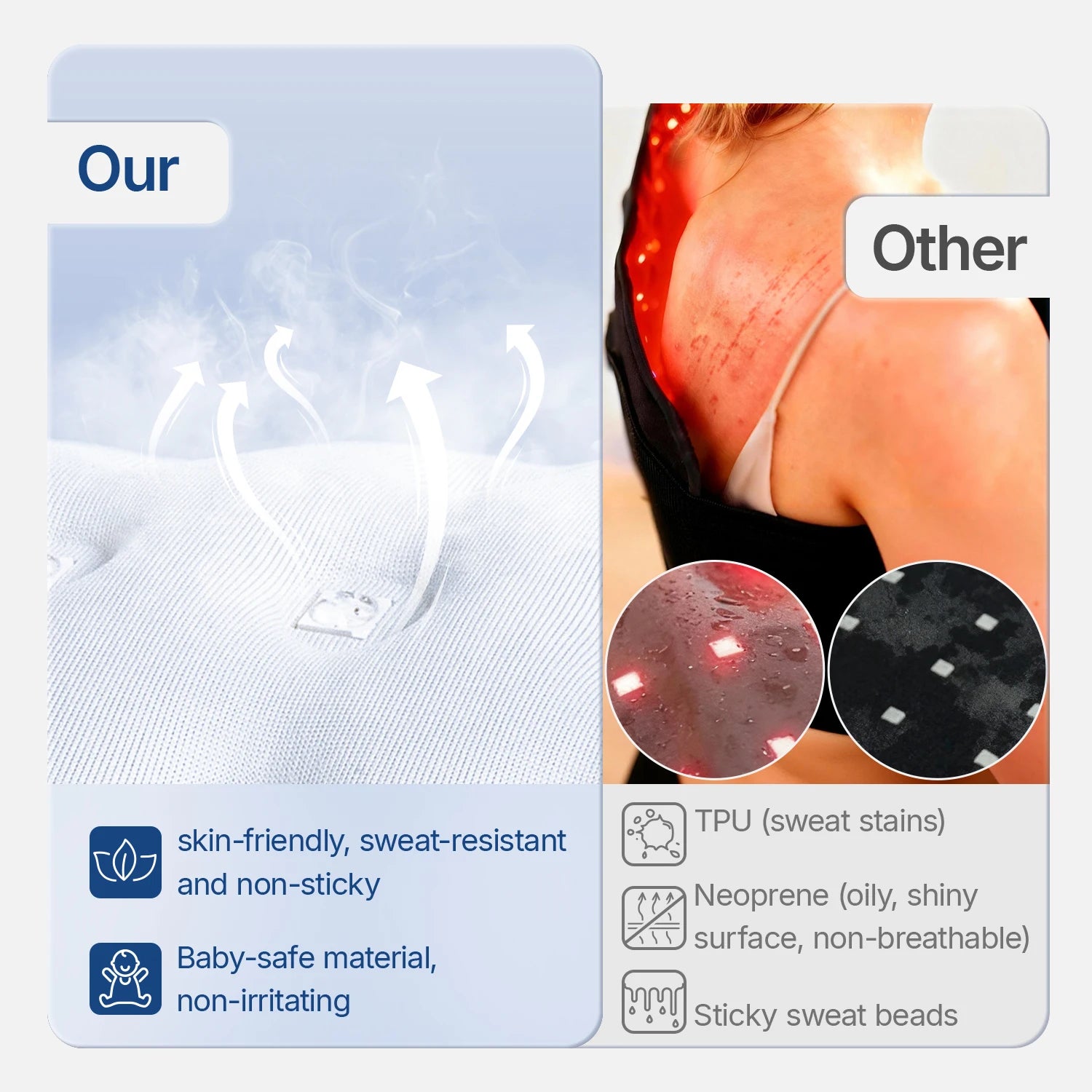 Comparison of breathable, skin-friendly fabric versus non-breathable back therapy pad causing skin irritation