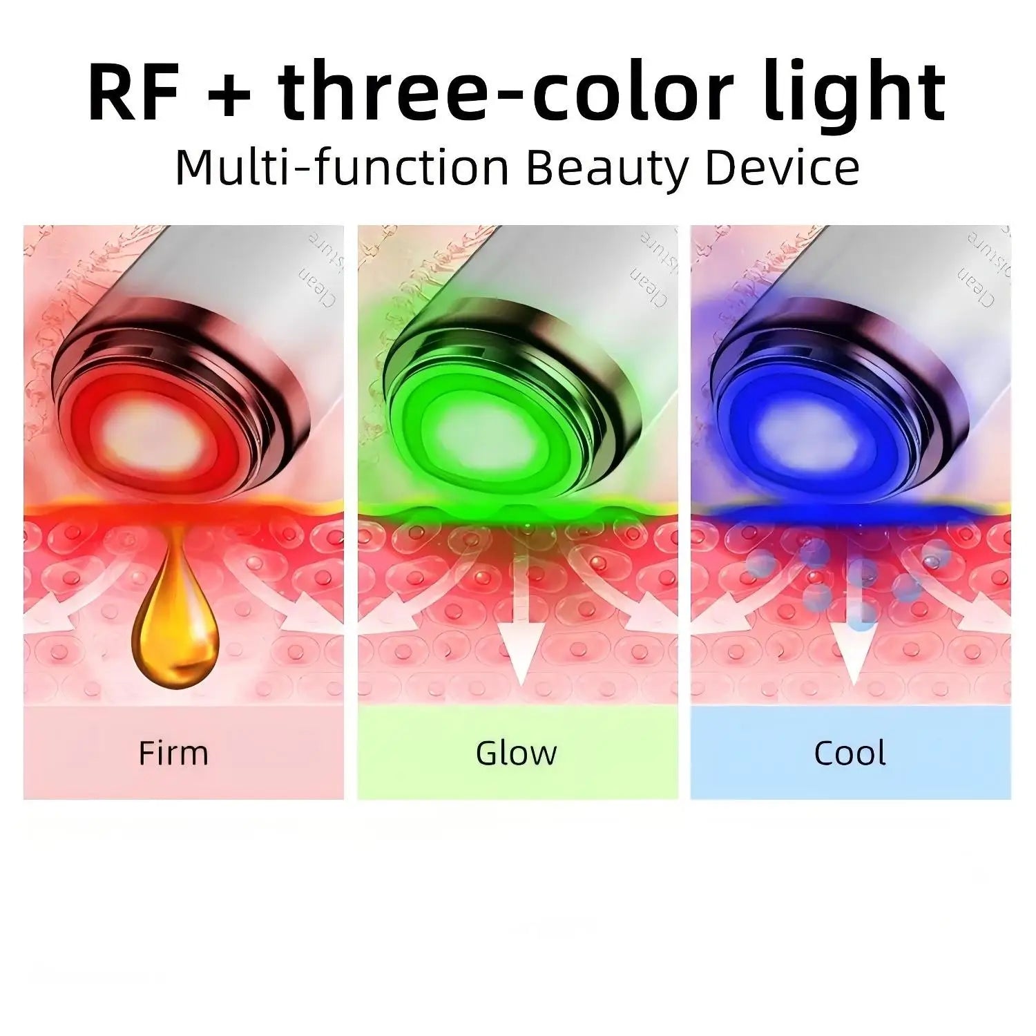 RF three-color light multifuction beauty device with red, green, and blue modes for firming, glowing, and cooling skin.