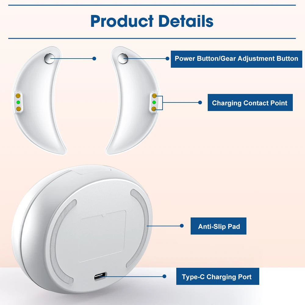White skincare device with ear-shaped pads, labeled buttons, charging points, anti-slip pad, and Type-C port