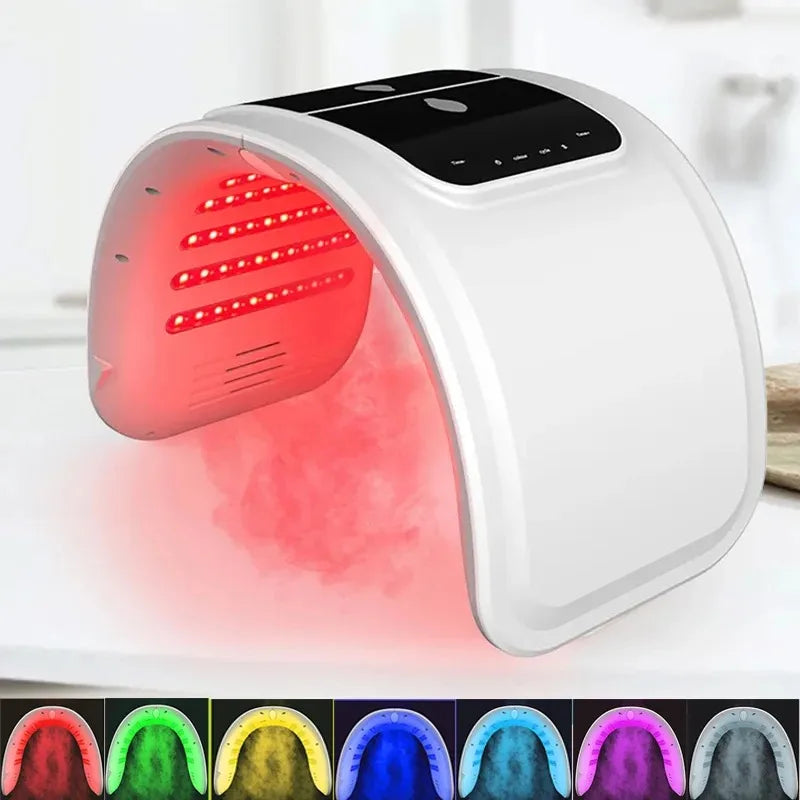 LED light therapy facial device emitting red light, with multiple color settings shown.