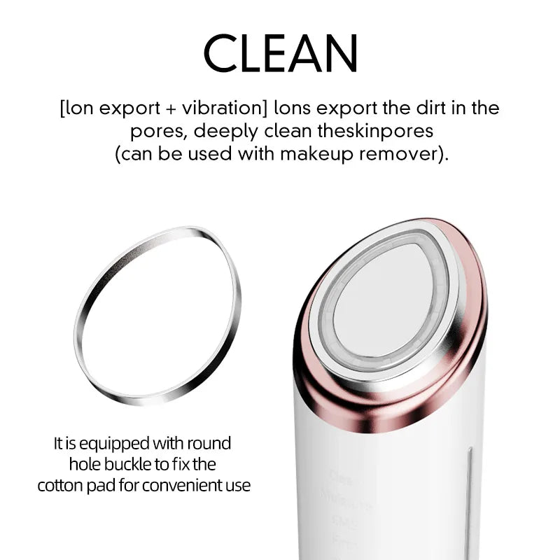 Facial cleansing device with ion export mode, rose gold accent, and cotton pad holder ring.
