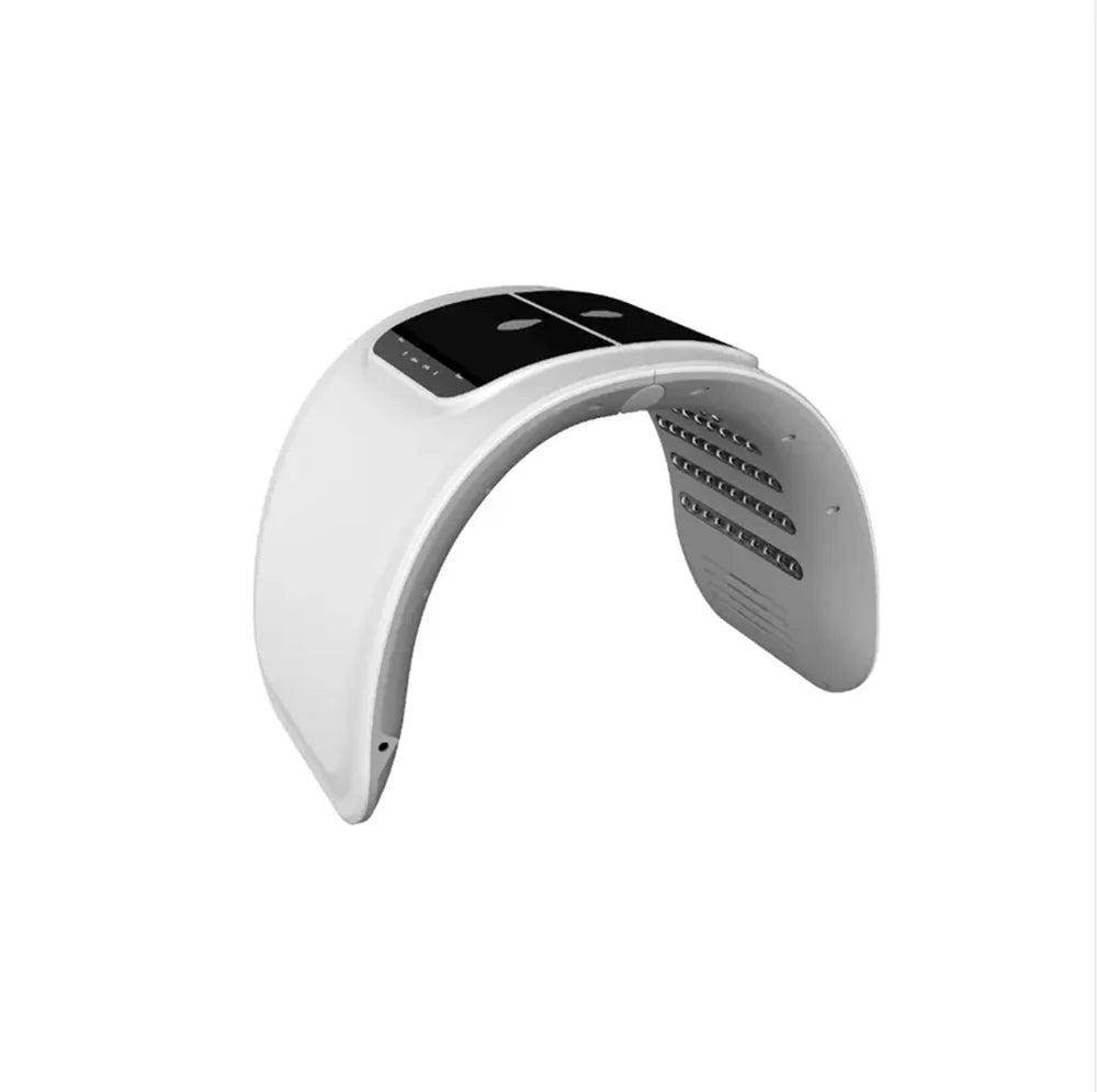 Curved white LED light therapy face mask device with control panels for skincare treatment