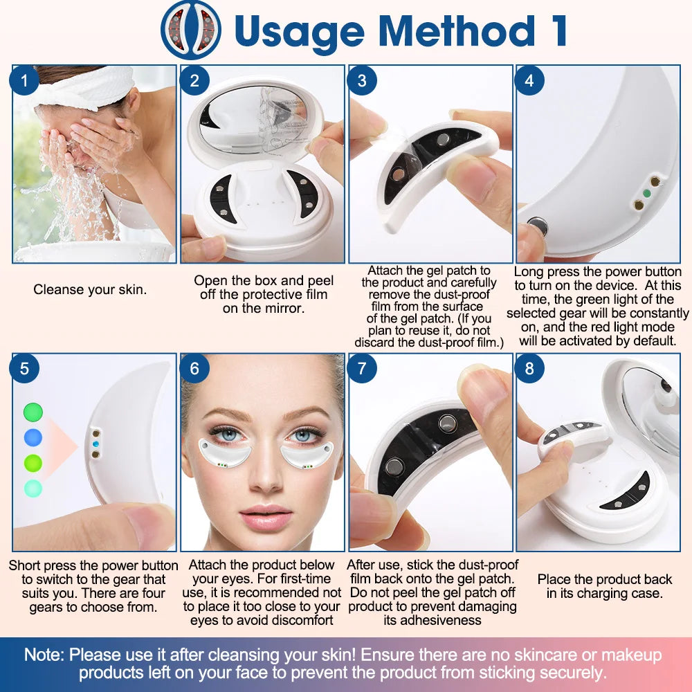 Step-by-step instructions for using an under-eye gel patch skincare device with charging case.