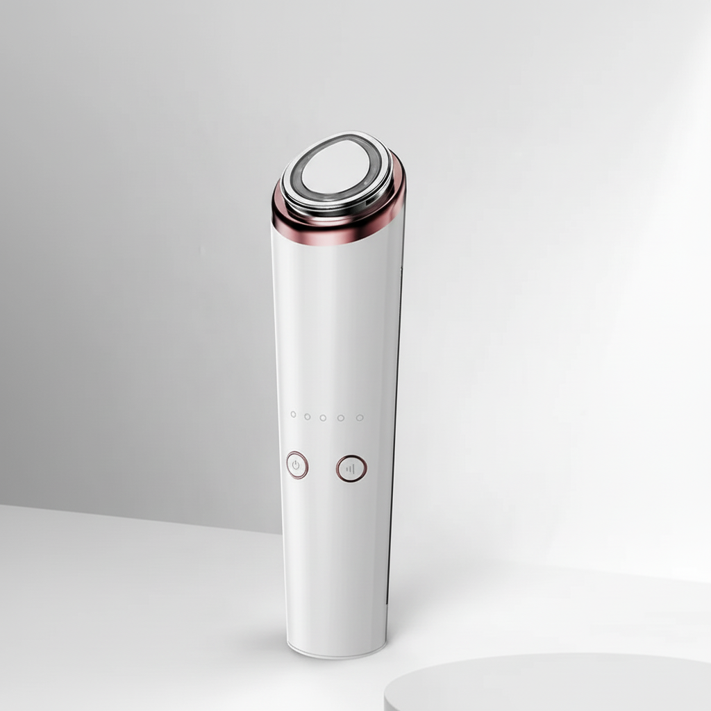 White and rose gold facial skin care device with buttons on white background