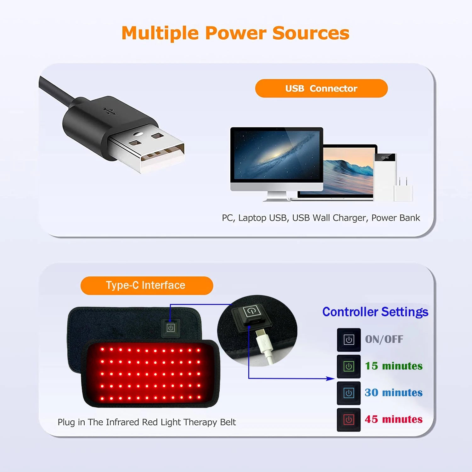 Red light therapy belt with USB and Type-C connectors, timer settings, multiple power sources