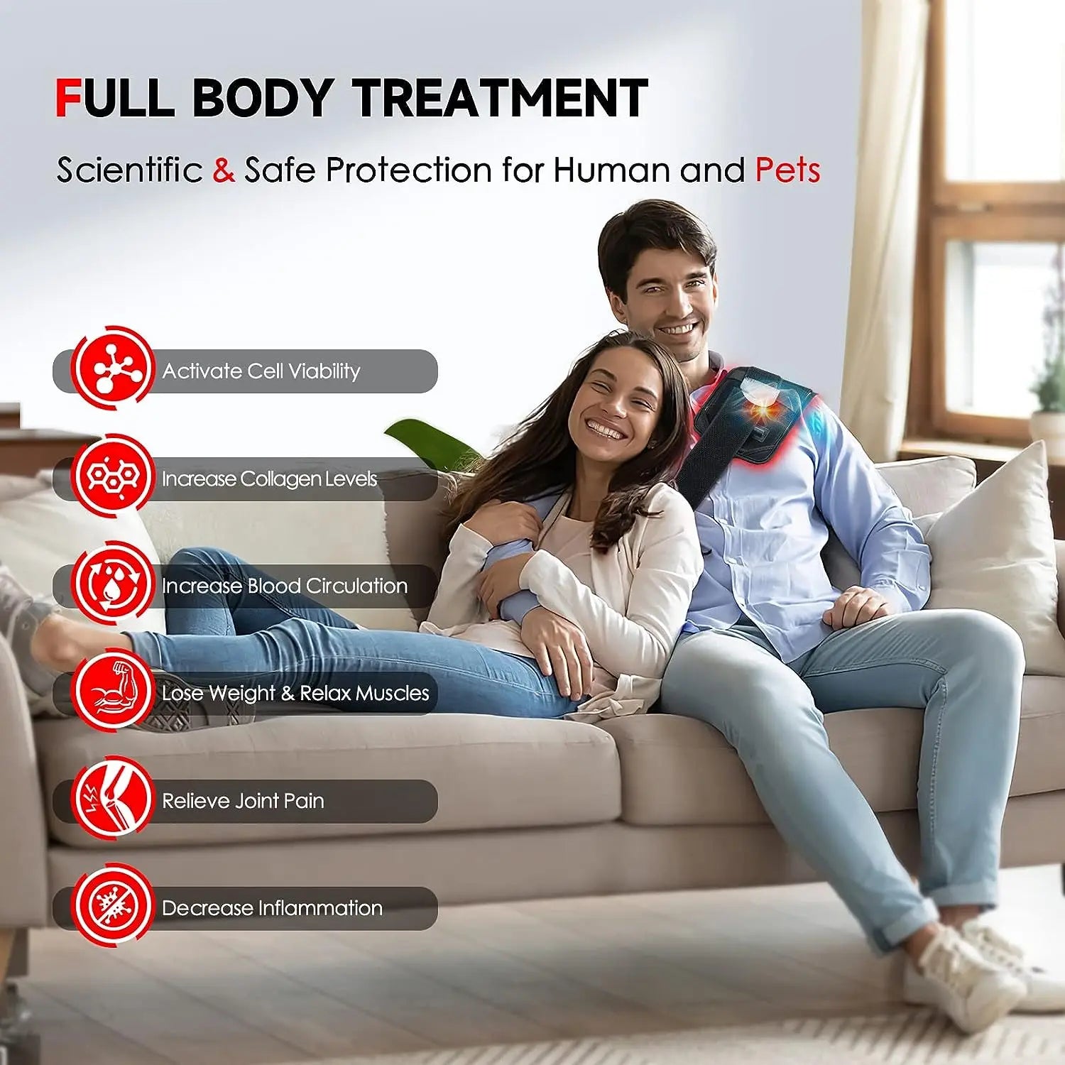 Smiling couple on sofa using wearable full body therapy device, health benefits listed on side.