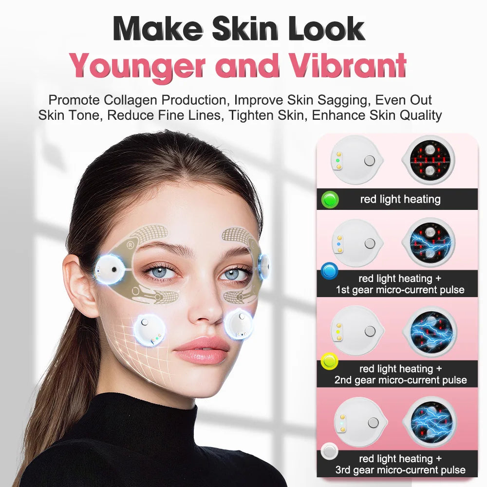 Woman using facial skin tightening device with red light and microcurrent pulse modes, skincare benefits highlighted.