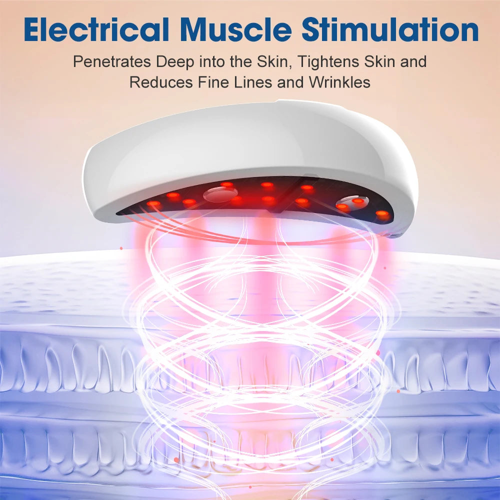 Electrical muscle stimulation skin device emitting red light therapy for tightening and wrinkle reduction