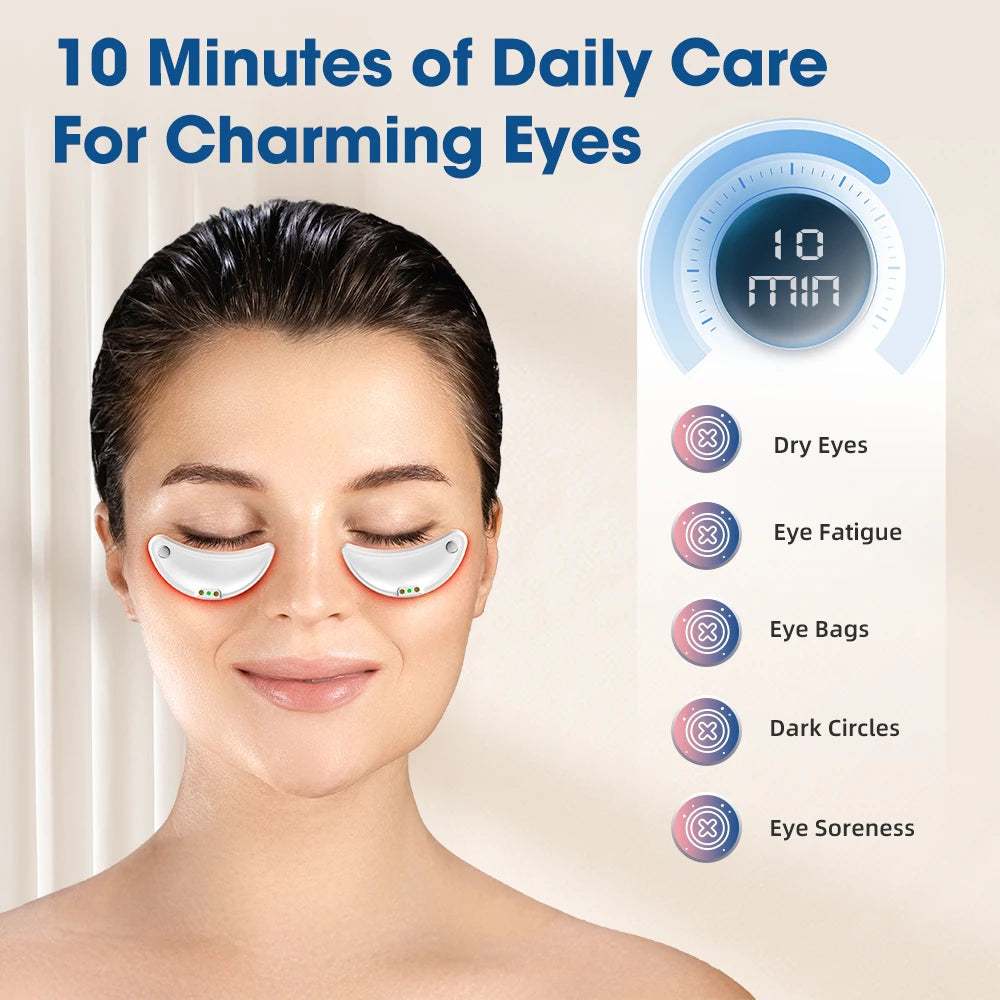 Woman using under-eye massager patches for reducing dark circles, eye bags, eye fatigue, and dryness
