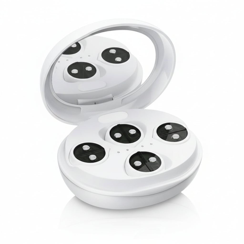 White electric facial cleansing brush device with four rotating heads and a compact case
