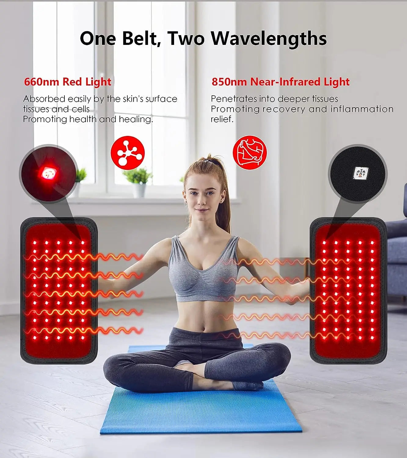 Woman using red light therapy belt with 660nm and 850nm wavelengths while sitting on yoga mat.