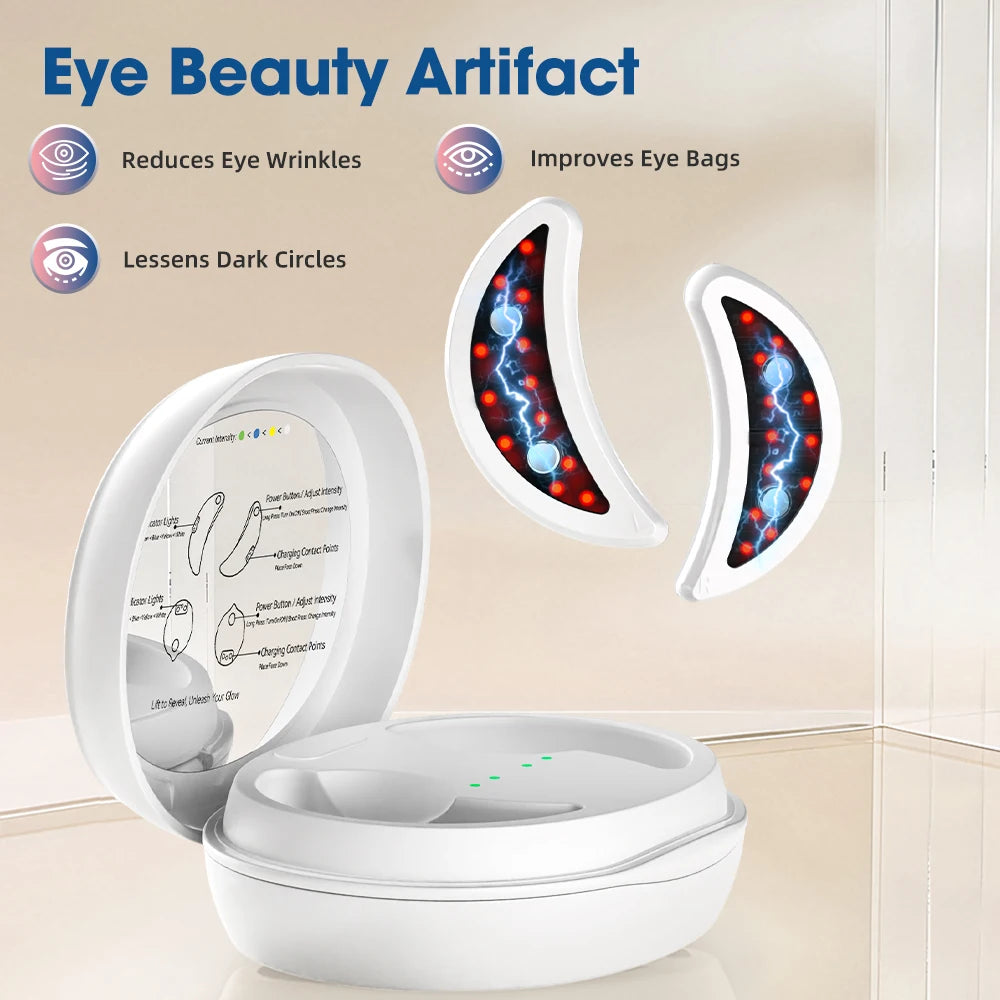 Electric eye massager patches with charging case, reduces eye wrinkles, dark circles, eye bags.