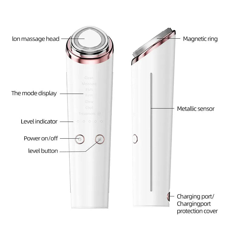 White facial device with ion massage head, metallic sensor, mode display, and charging port