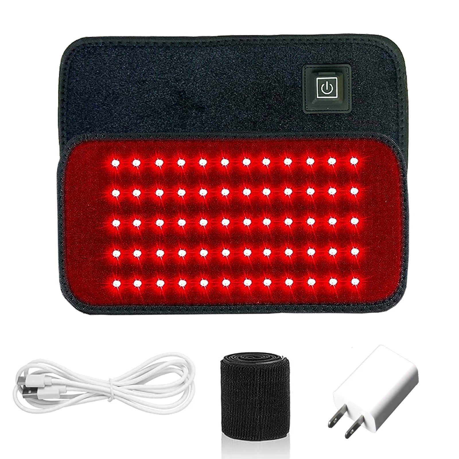 Red LED light therapy pad with power button, USB cable, strap, and wall adapter.