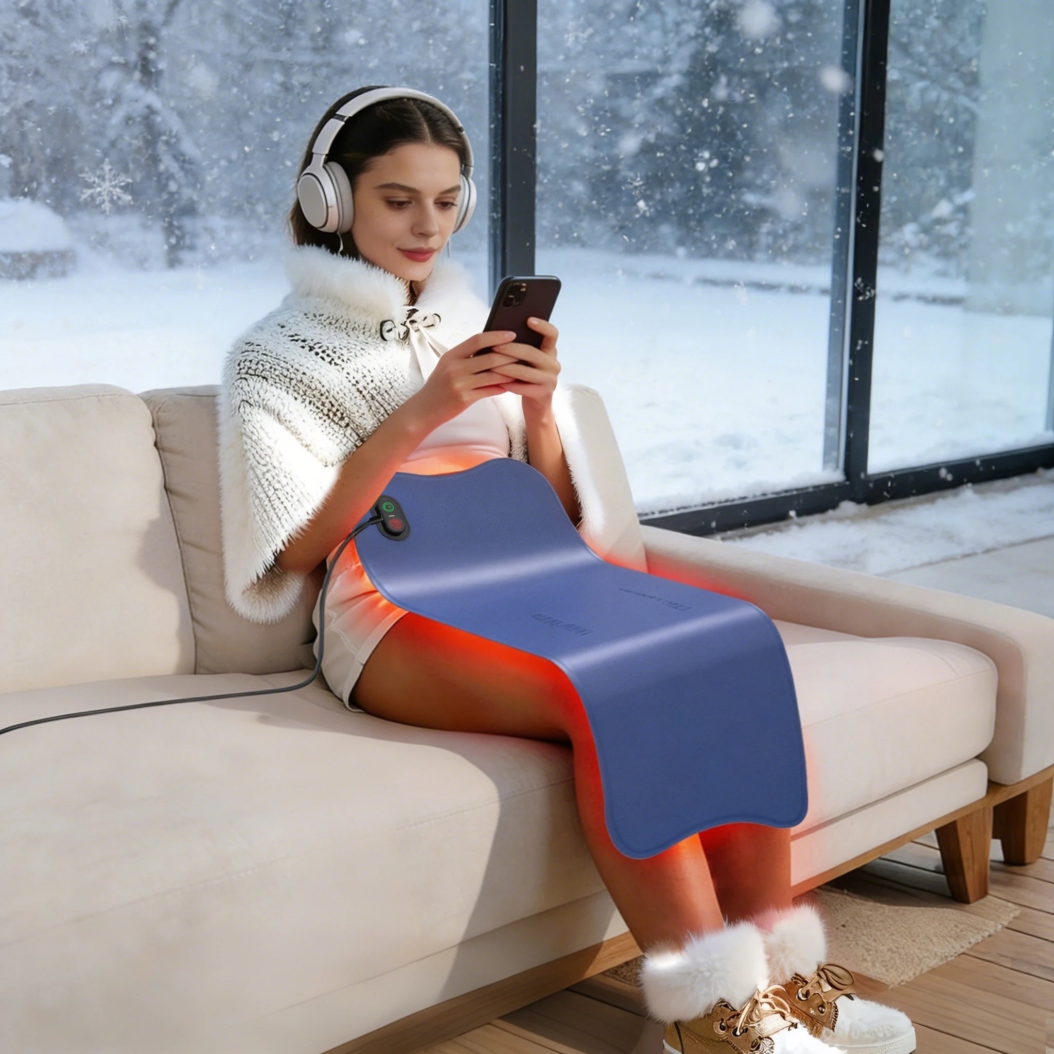 Woman using a large blue heating pad on her legs indoors, winter scene outside, cozy relaxation