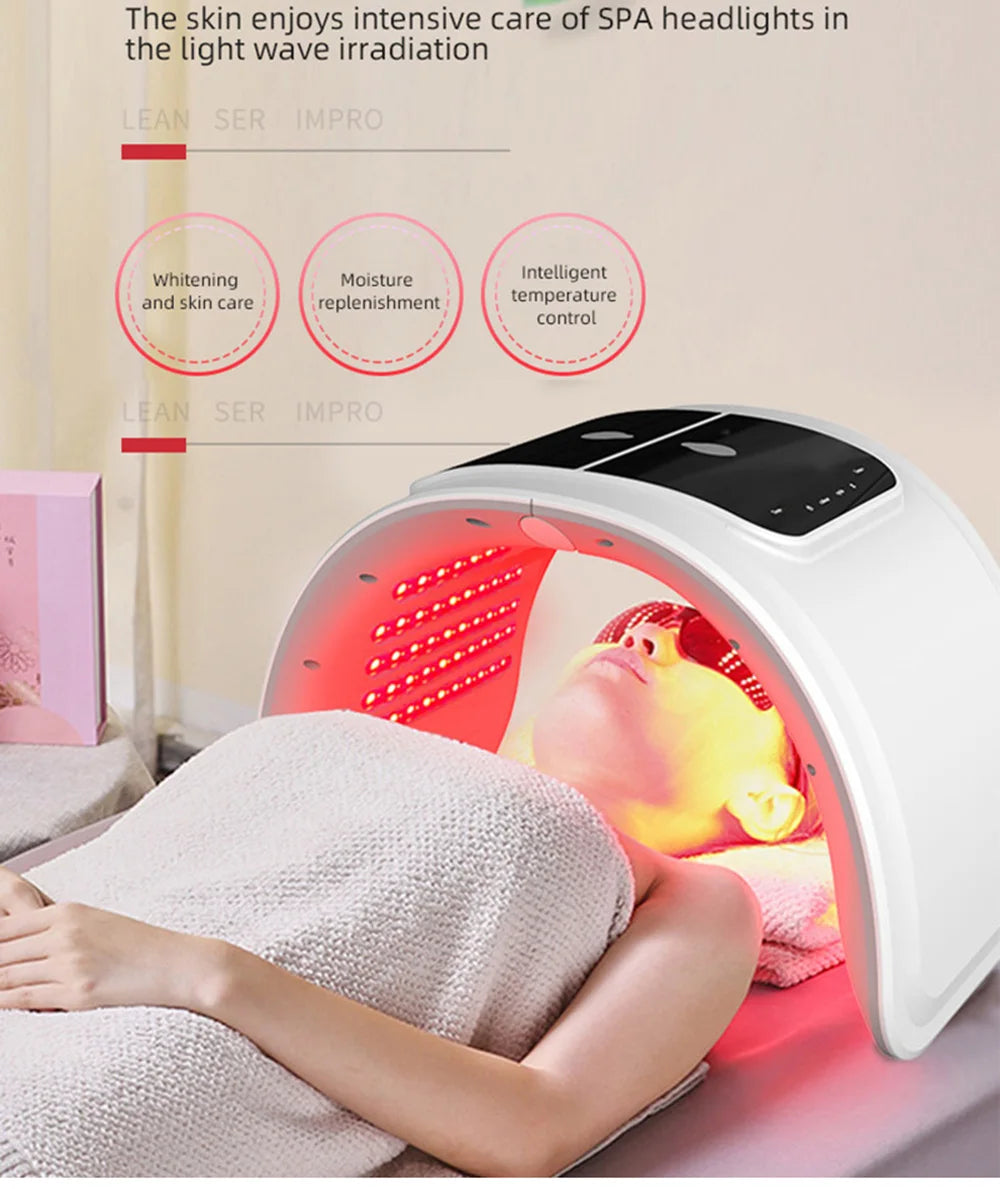 Woman receiving LED light therapy facial treatment in spa with red light device