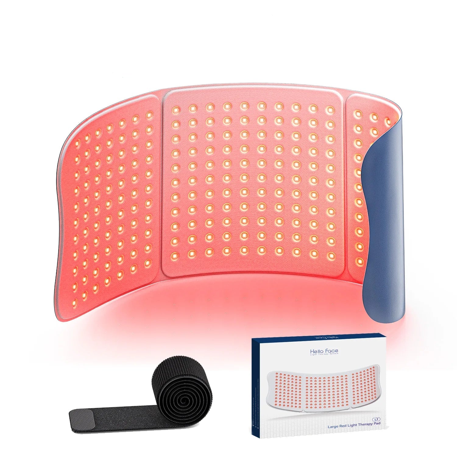 Flexible red light therapy pad with LED lights, adjustable strap, and product box