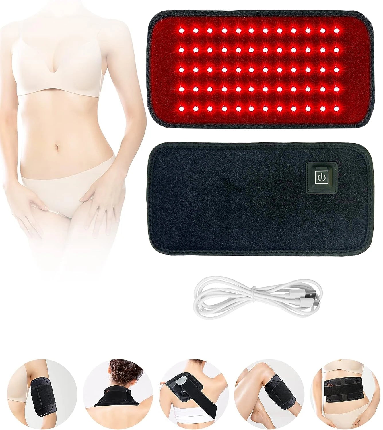 Red light therapy belt set with LED panel, USB cable, and images showing use on body, neck, arm, back, and leg.