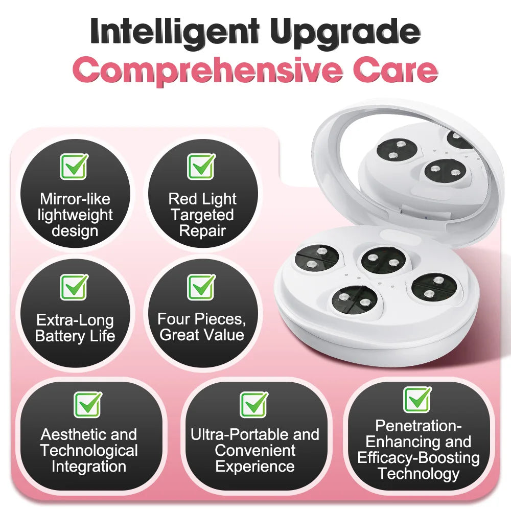 Skincare device with four black applicators in a white case, featuring benefits like red light therapy, lightweight design, and long battery life on a pink background.