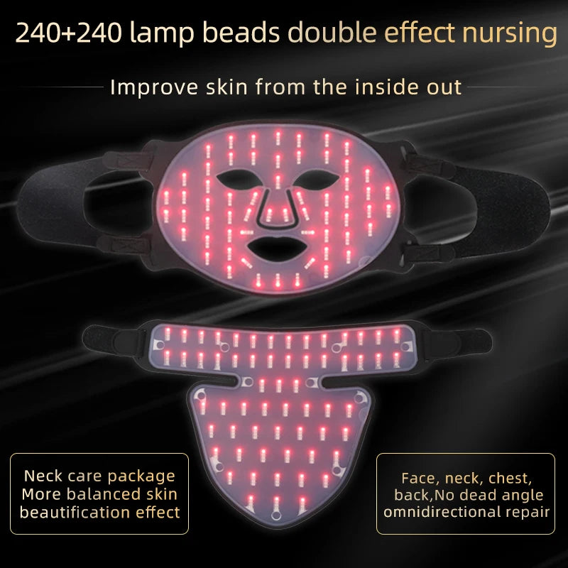LED light therapy mask and neck panel for skin care, red light, face and neck rejuvenation device