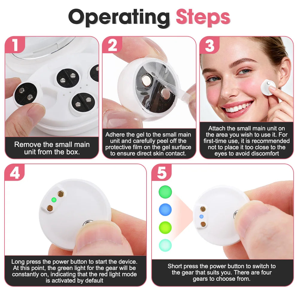 Step-by-step guide for using a round facial skin care device with gel pads, shown on cheek.