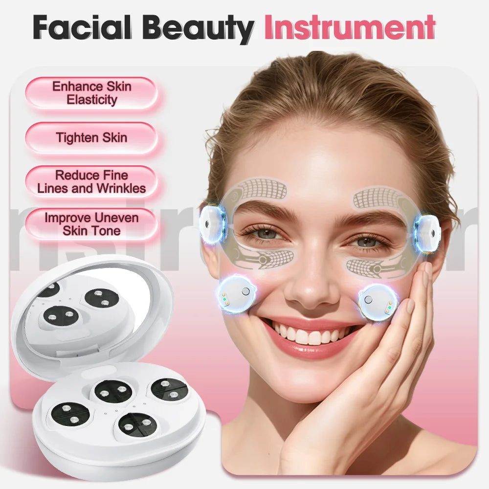 Woman using facial beauty instrument device on cheeks and under eyes, with device case shown