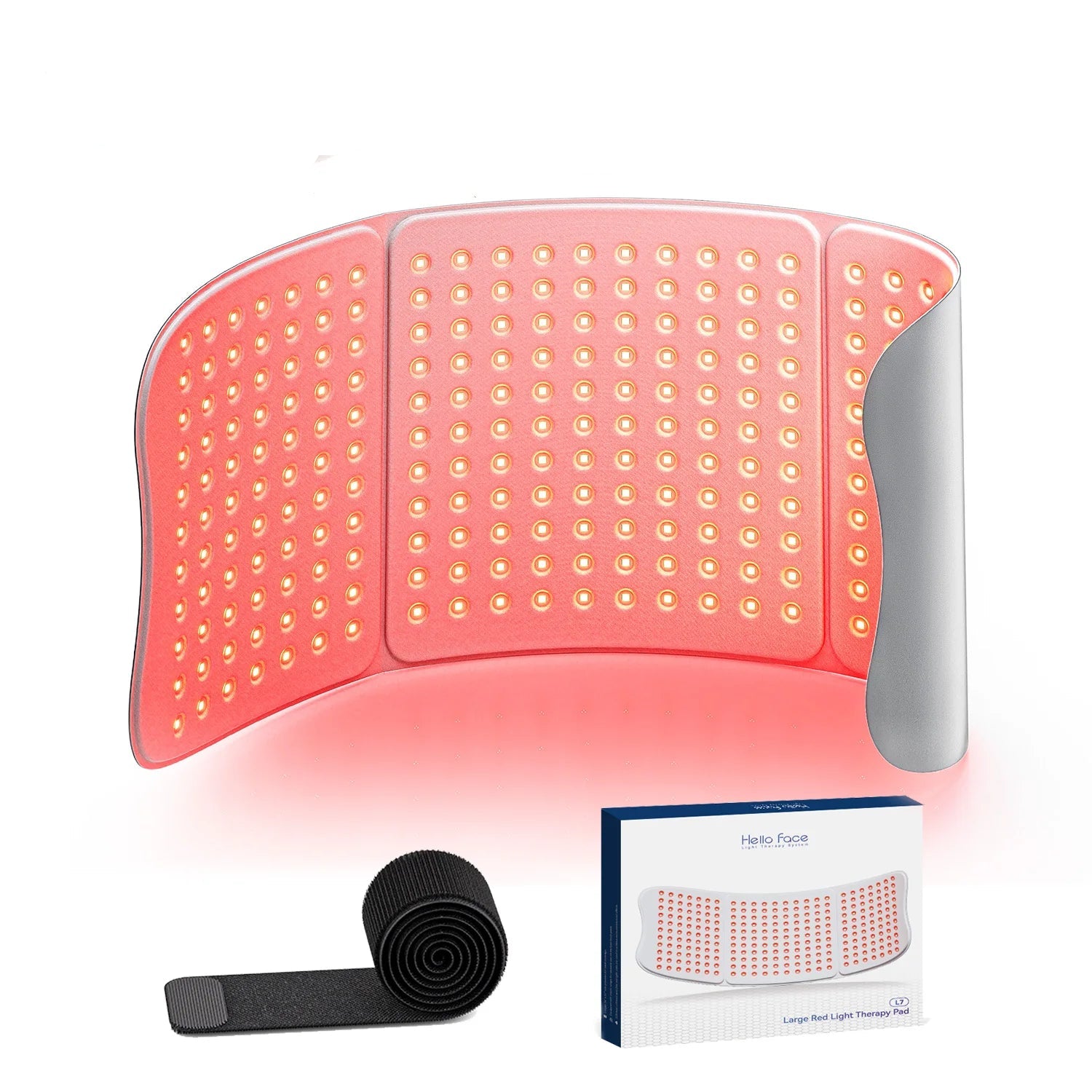 Flexible red light therapy pad for skin treatment with strap and packaging
