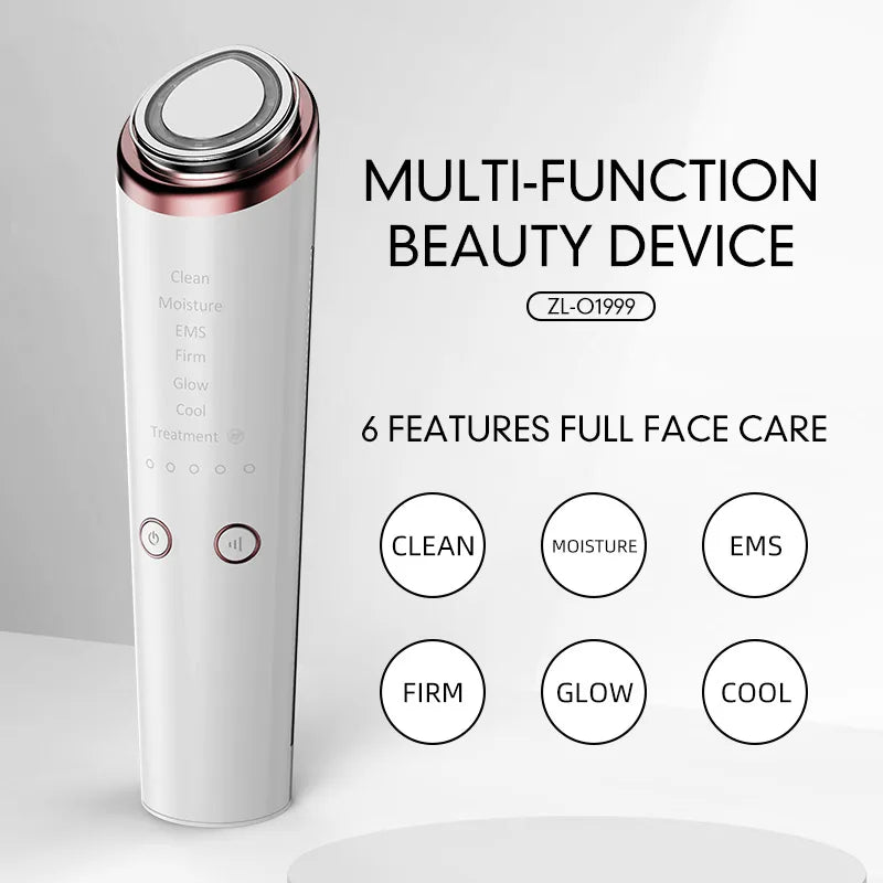 Multi-function facial beauty device with six skincare features for full face care, white and rose gold design.