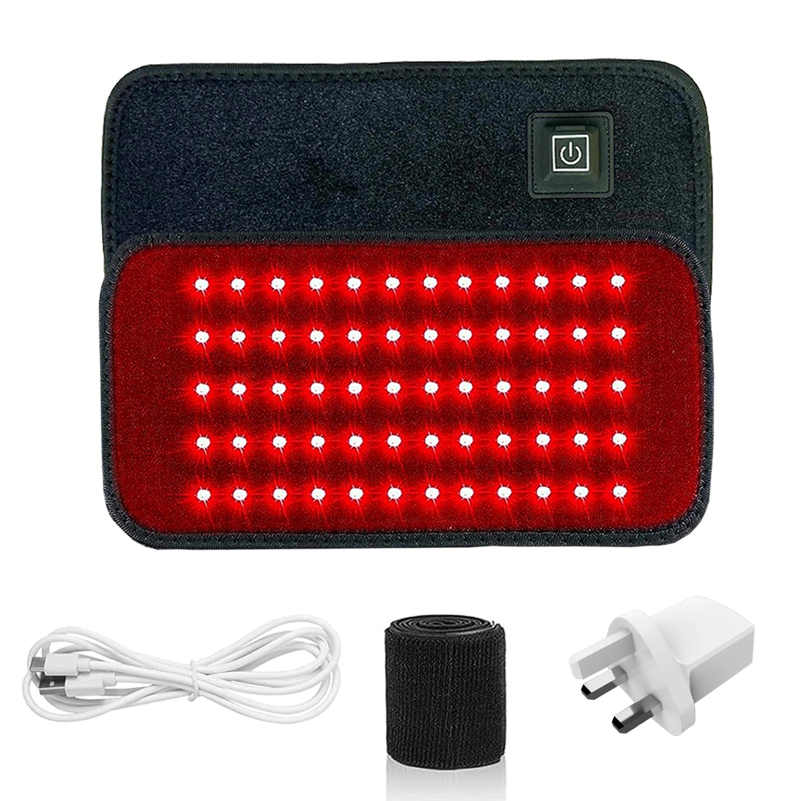 Red light therapy pad device with power button, USB cable, strap, and wall adapter