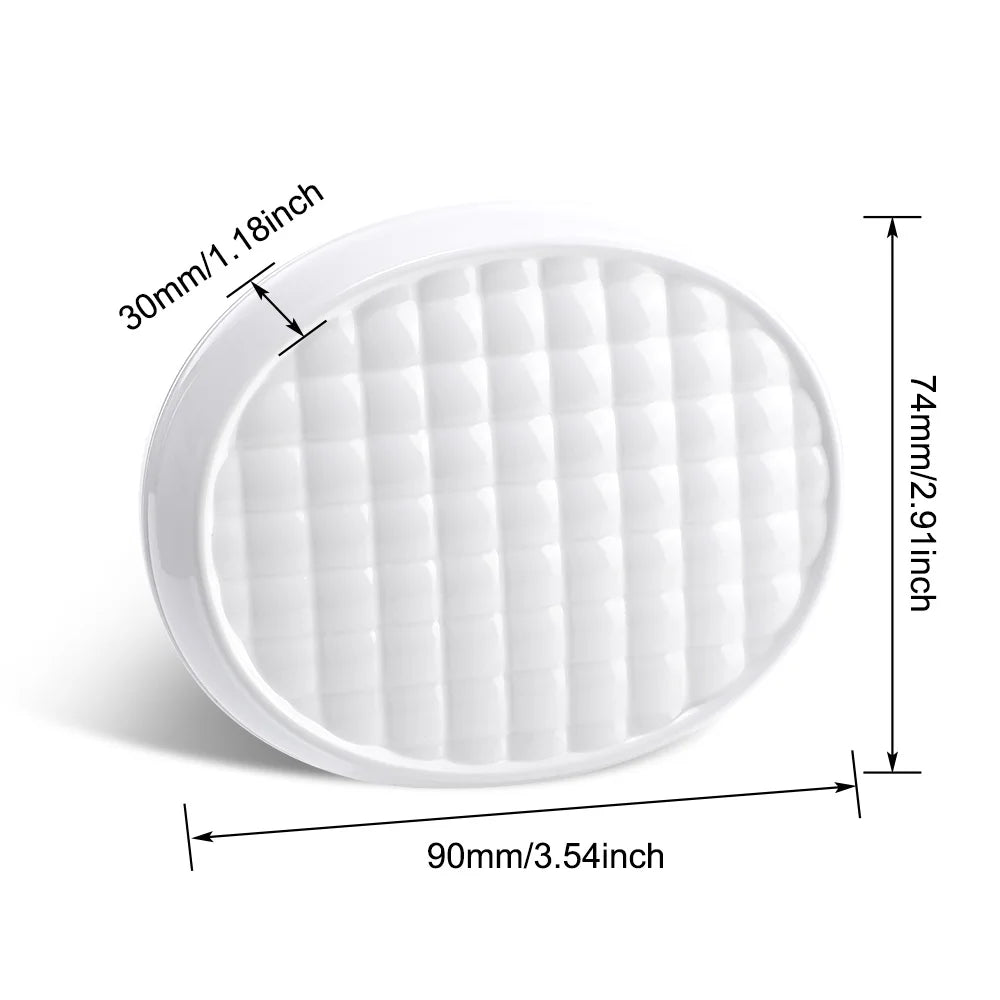 White oval textured facial cleansing pad with size measurements, 90mm by 74mm by 30mm