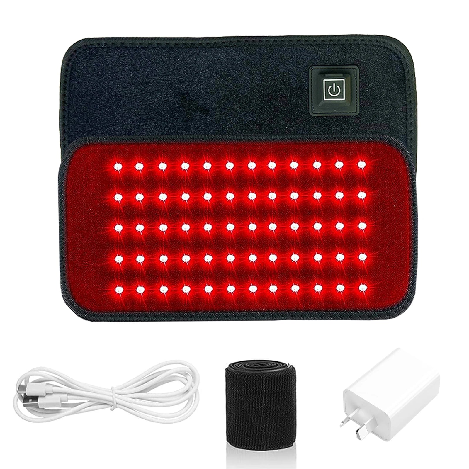 Red light therapy pad with glowing LEDs, power button, charger, cable, and strap included.