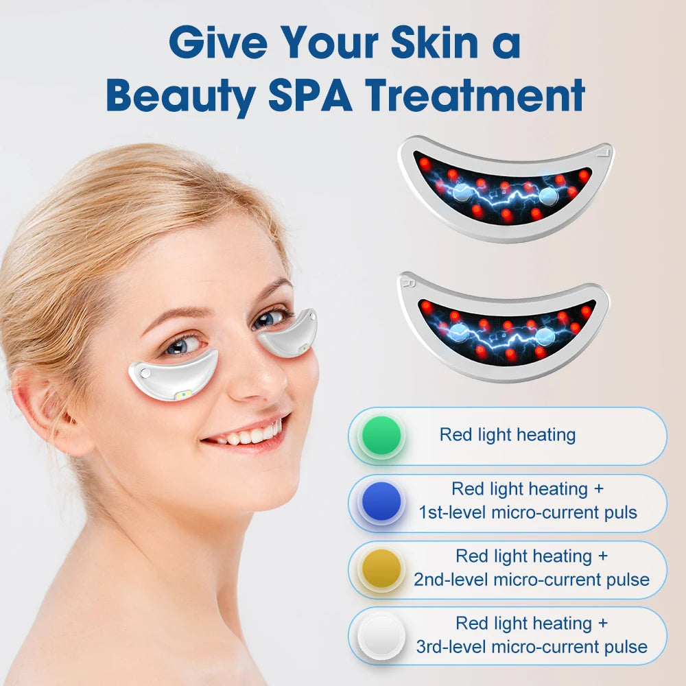 Woman using under-eye LED light therapy patches for skin care with red light microcurrent technology