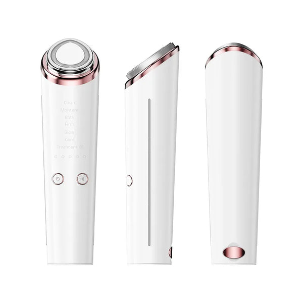 White and rose gold facial cleansing device shown from three angles on a white background.