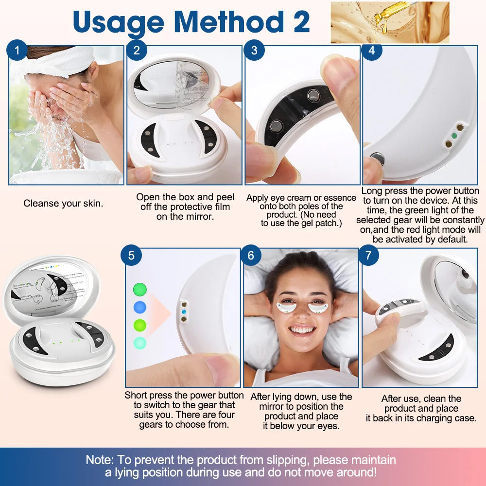 Step-by-step image guide showing how to use an under-eye care device, with instructions and photos of cleansing, device setup, eye cream application, and placement under the eyes.