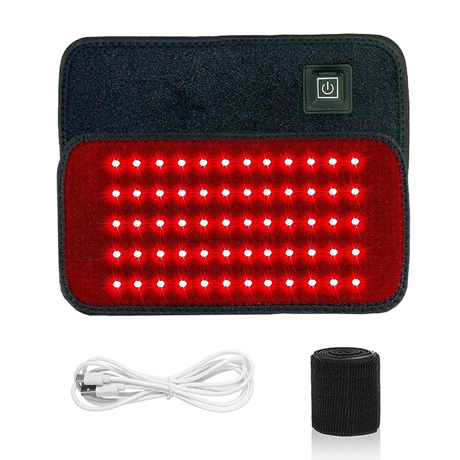 Red light therapy pad with LED lights, power button, USB cable, and adjustable strap
