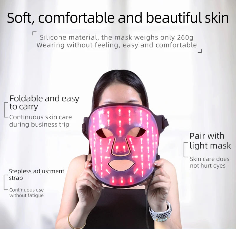 Woman holding LED light therapy facial mask with adjustable strap for skin care