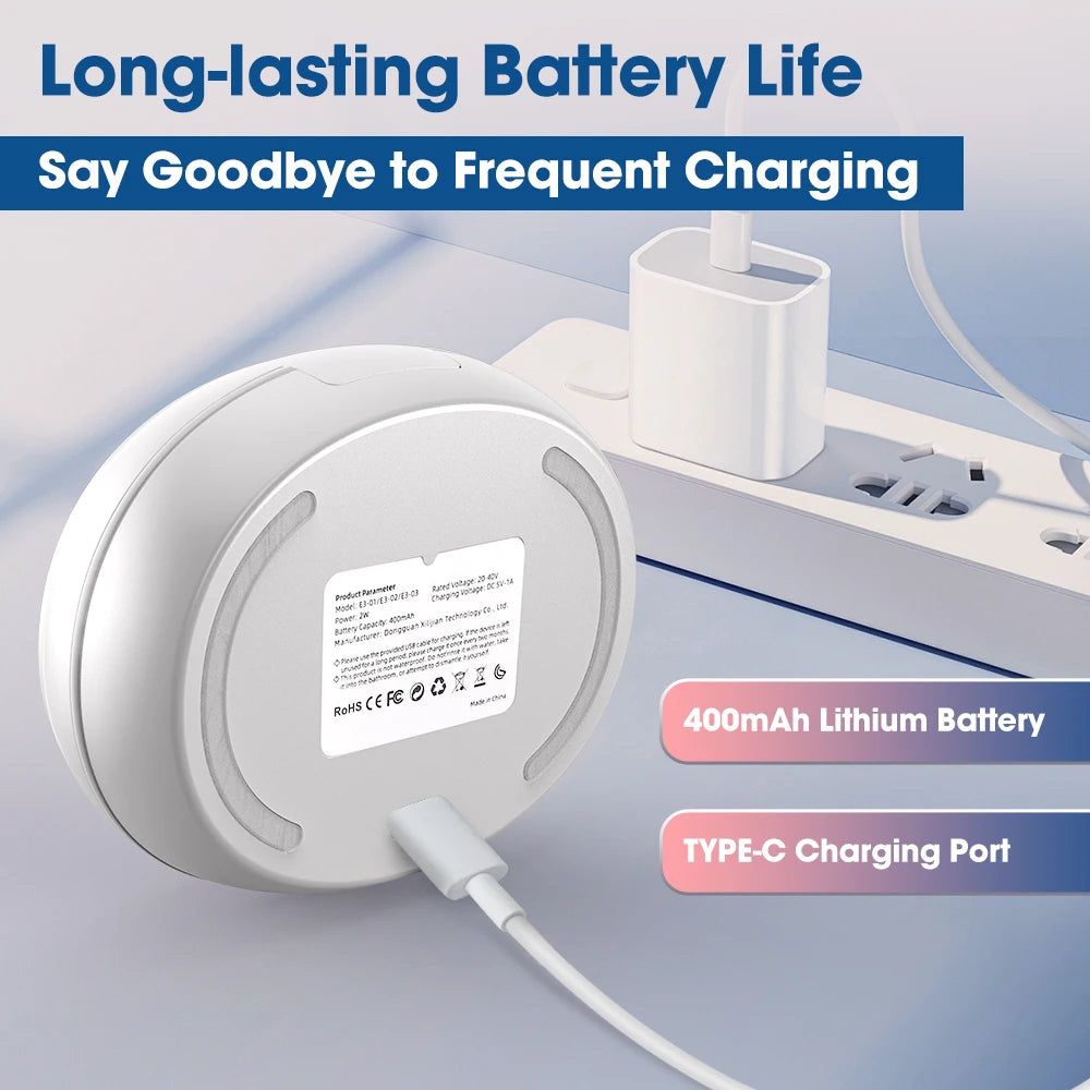 Round humidifier with a 400mAh lithium battery and Type-C charging port being charged