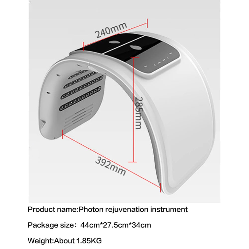White photon rejuvenation instrument with LED panels, curved design, and labeled dimensions