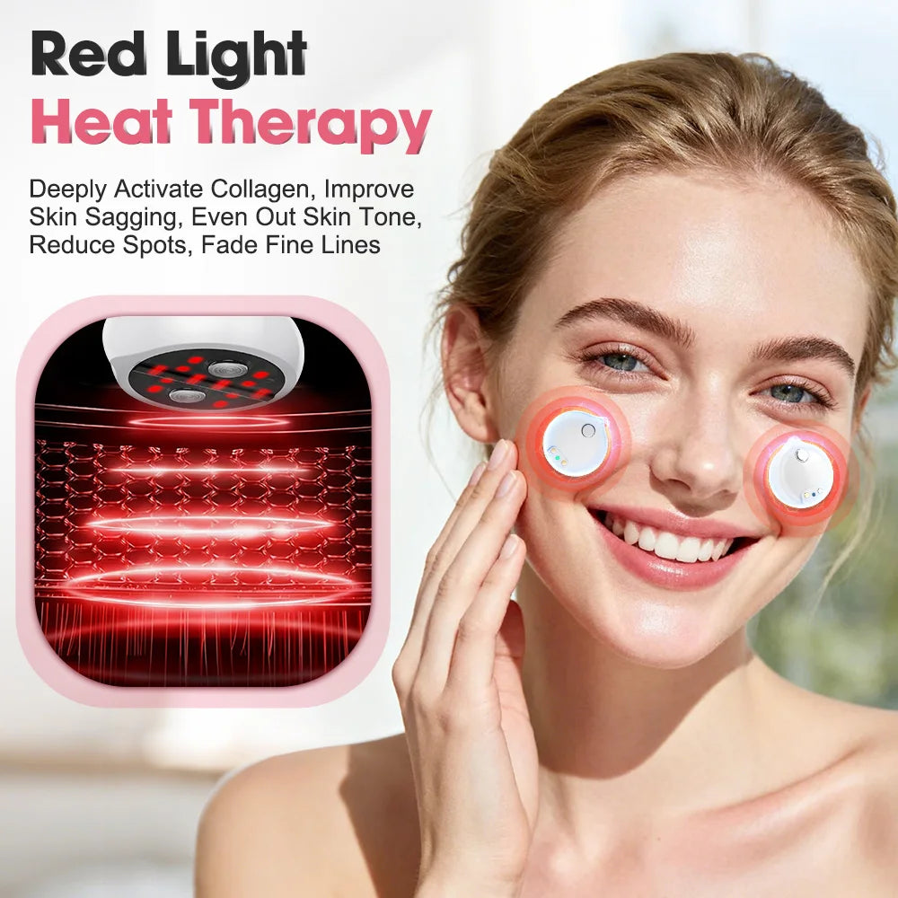 Woman using red light heat therapy facial devices on cheeks, skincare treatment concept